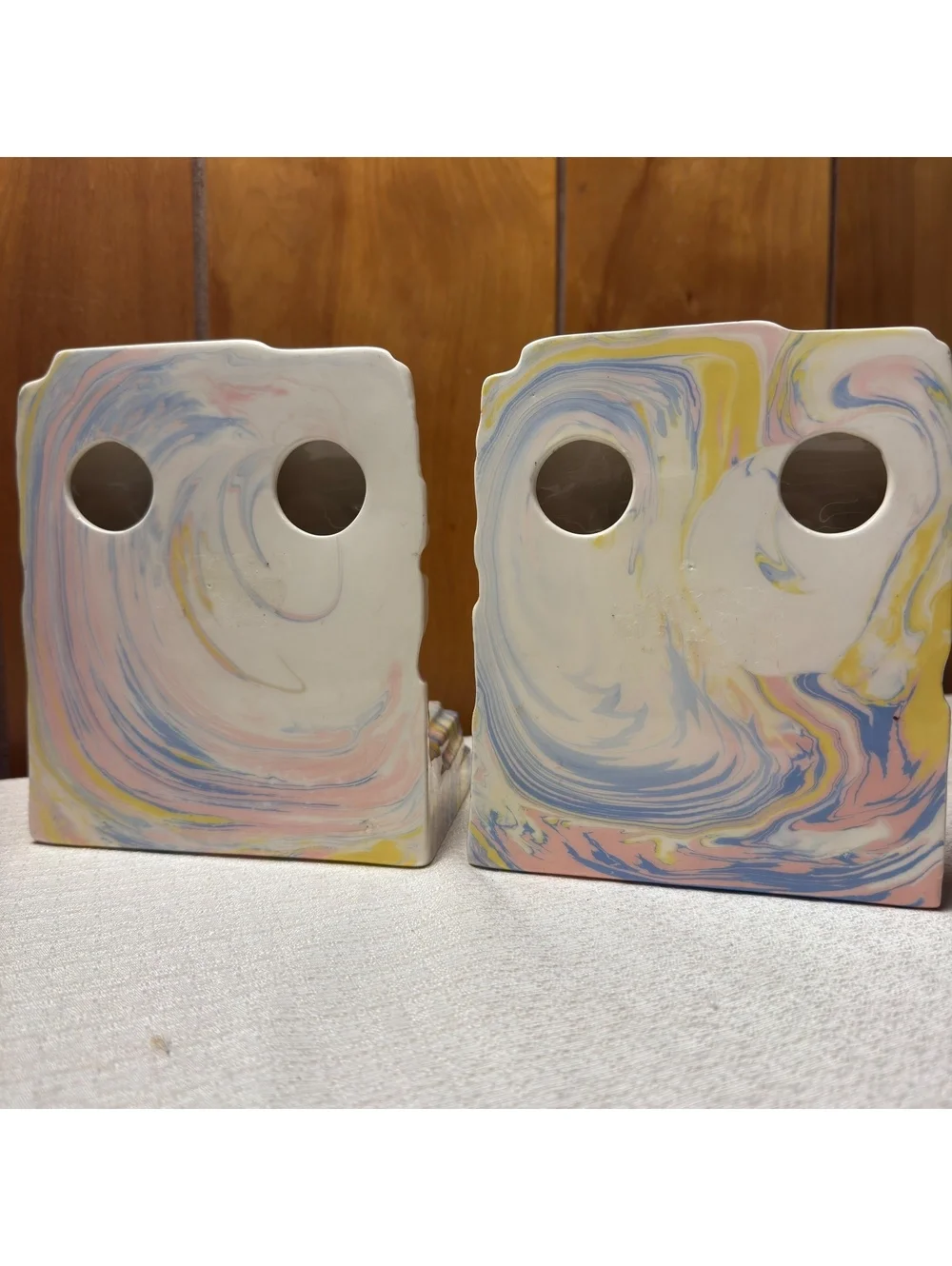 Vintage Pastel Marbled Ceramic Bookends Pink Blue Yellow Swirl Set of 2